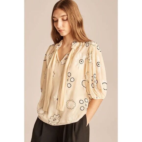 NWT Rebecca Taylor Parasol Embroidered Bow Blouse in Neutral | S - Picture 1 of 11